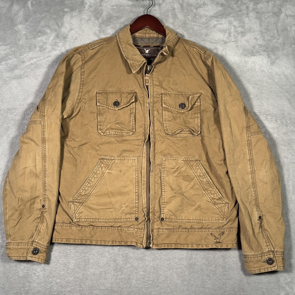 American Eagle Jacket Mens Large Beige Canvas Military Full Zip Lined*